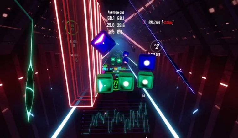 Virtual reality rhythm game with colored blocks and glowing effects.