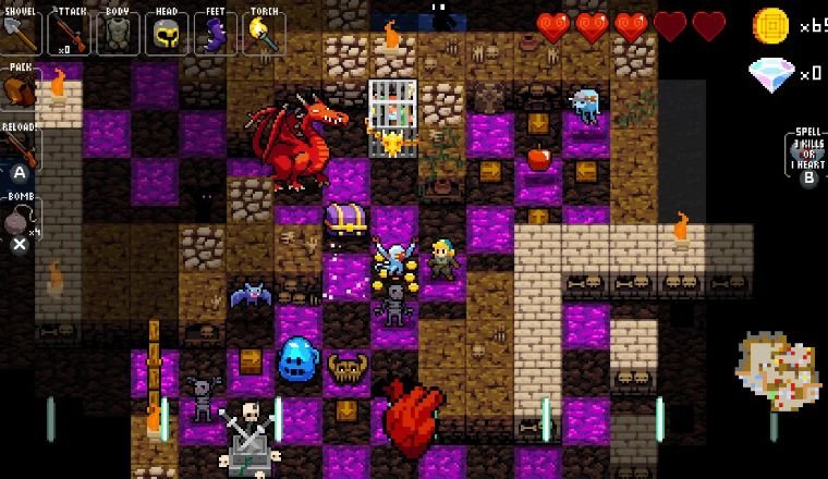 Pixelated dungeon game with enemies, treasure, lava, and a red dragon.